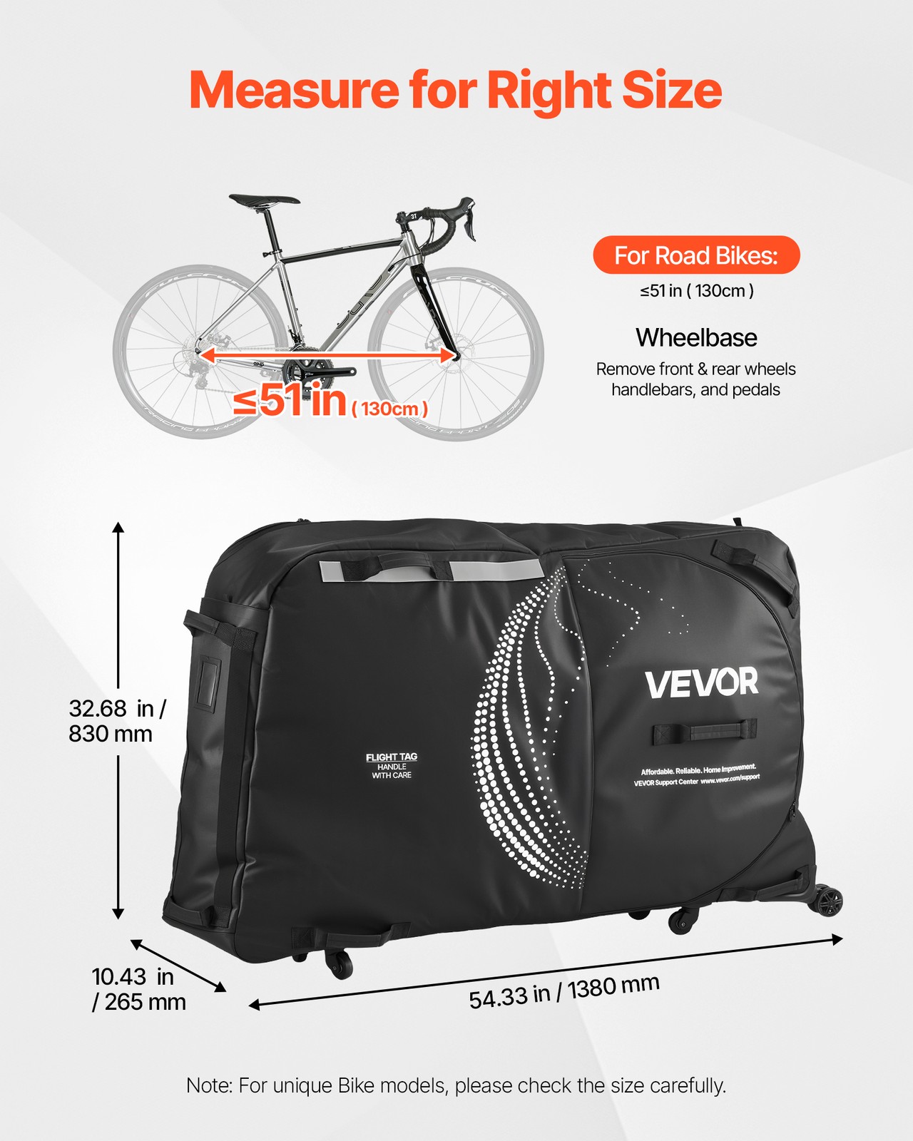 VEVOR Bike Travel Bag Max. Wheelbase 51 in 600D Bicycle Storage Carry Bag