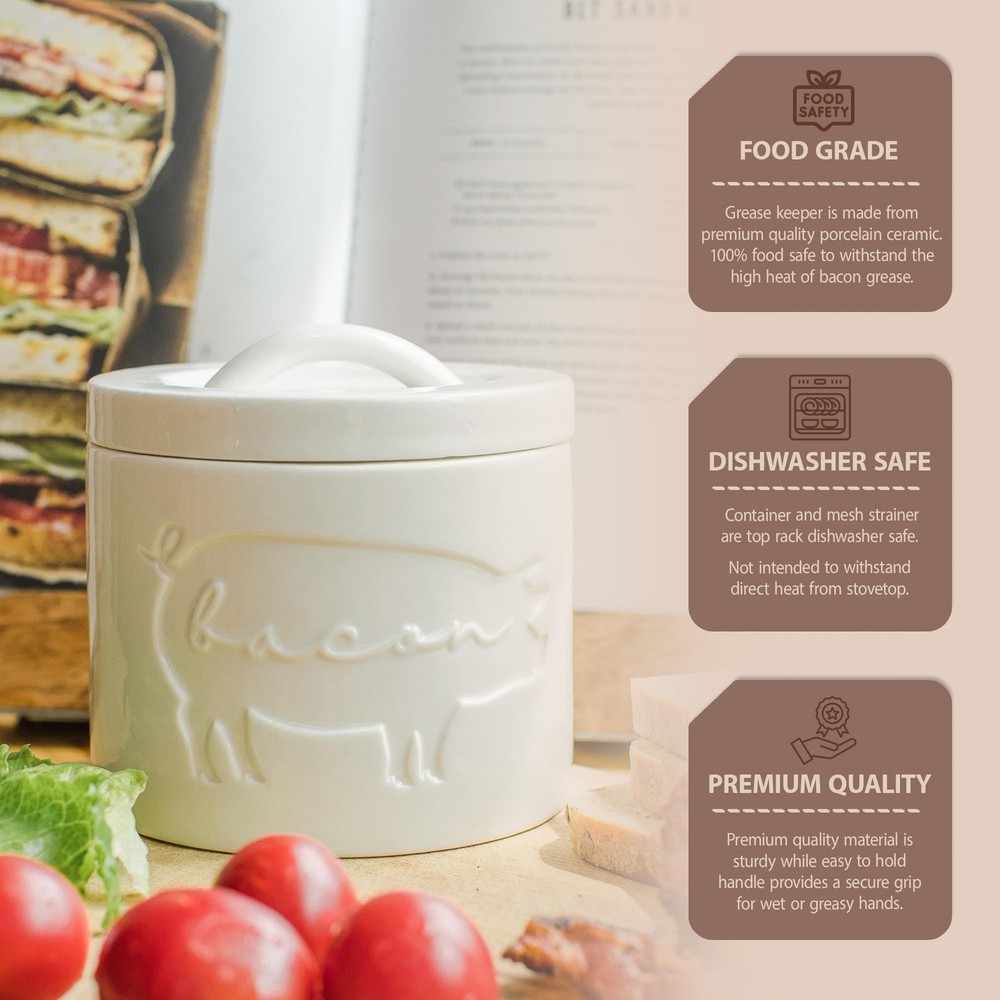 Briink Collective Ceramic Bacon Grease Container with One Size, Antique White