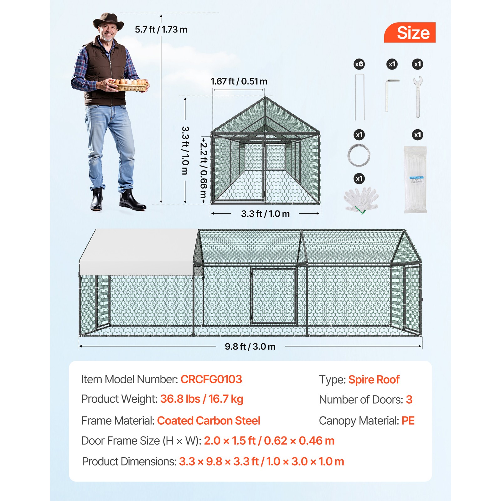 Uimoso Metal Chicken Coop with Cover for 6-8 Chickens,3.3x9.8x3.3ft Poultry Cage