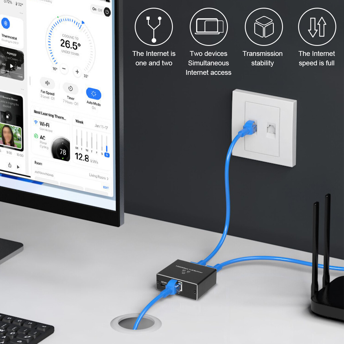 RJ45 Gigabit Ethernet Splitter 1000Mbps LAN Network Internet 1 to 2 Out Adapter