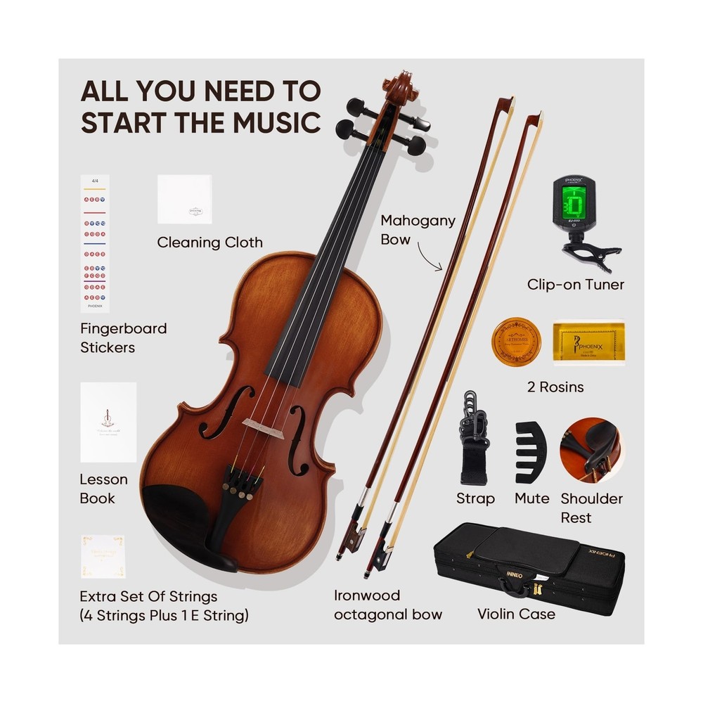 PHOENIX Violin 4/4 Full Size Set, Fiddle Solid Wood for professional Beginner...