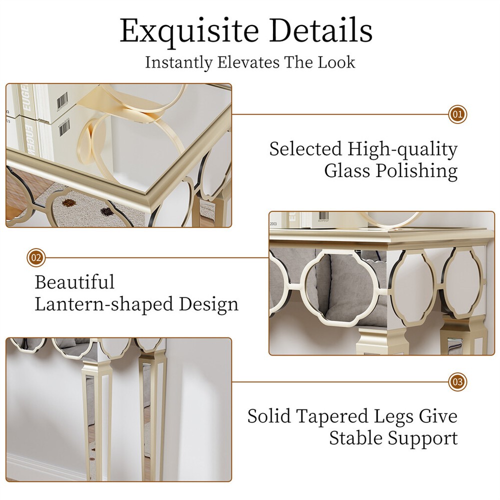 1.2m Ultra Long Mirrored Console Table Gold Rim Lantern Pattern Entryway Table