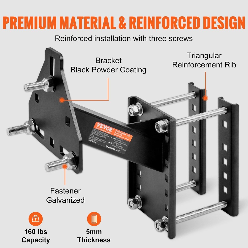 Robust 160lb Spare Tire Bracket, Anti-Rust Galvanized Finish