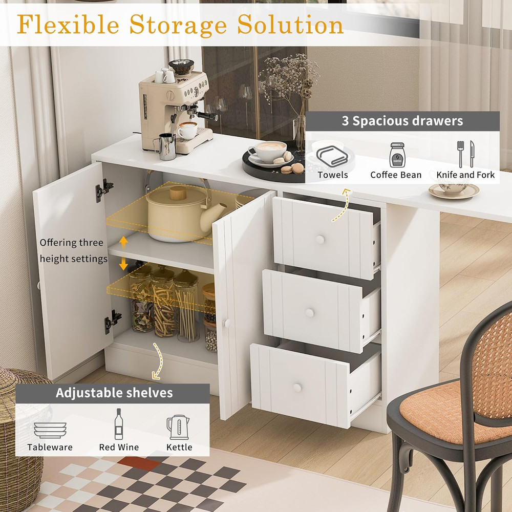 Rustic White Buffet Sideboard with Extendable Table & Adjustable Shelves