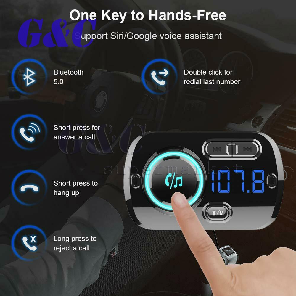 Bluetooth 5.0 Handsfree Car Kit FM Transmitter MP3 Player & USB Fast Charger AUX