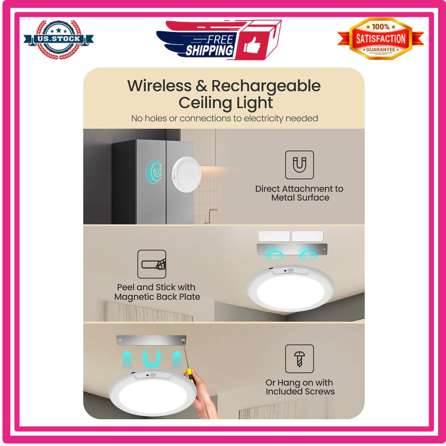 Rechargeable Motion Sensor Ceiling Light Wireless Dimmable Remote 3 Color