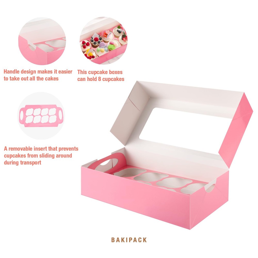15 Pink Cupcake Boxes 8 Count with Window and Inserts Cupcake Containers Moth...