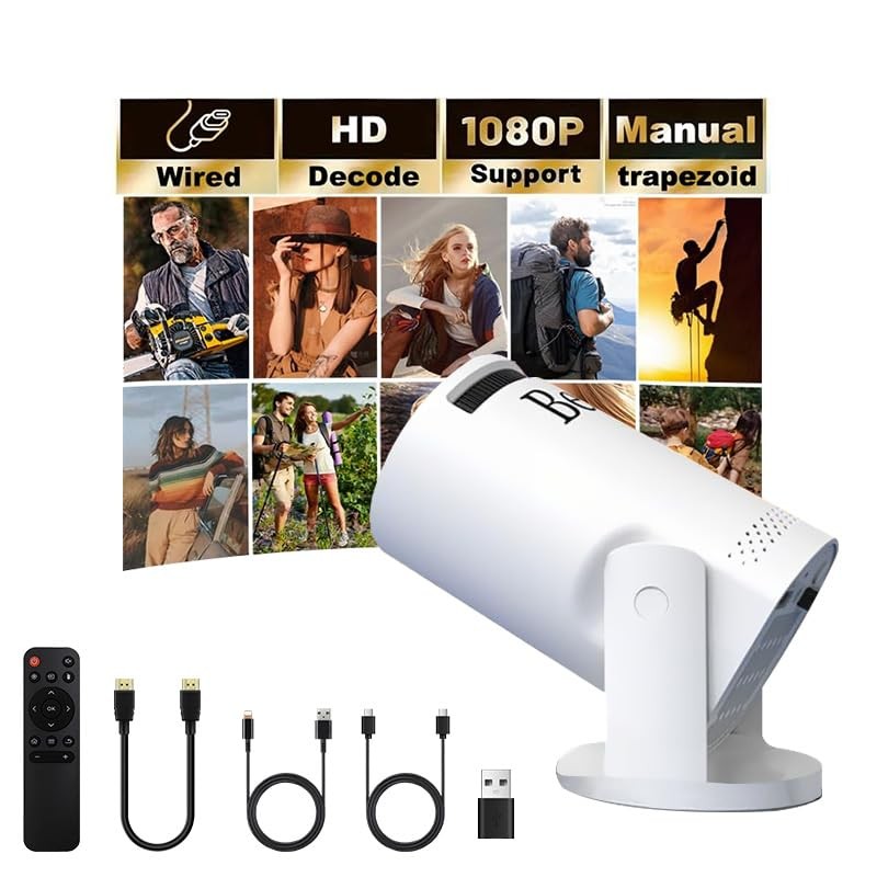 Mini projector, with wired screen sync 4K 1080P portable projector 180° white