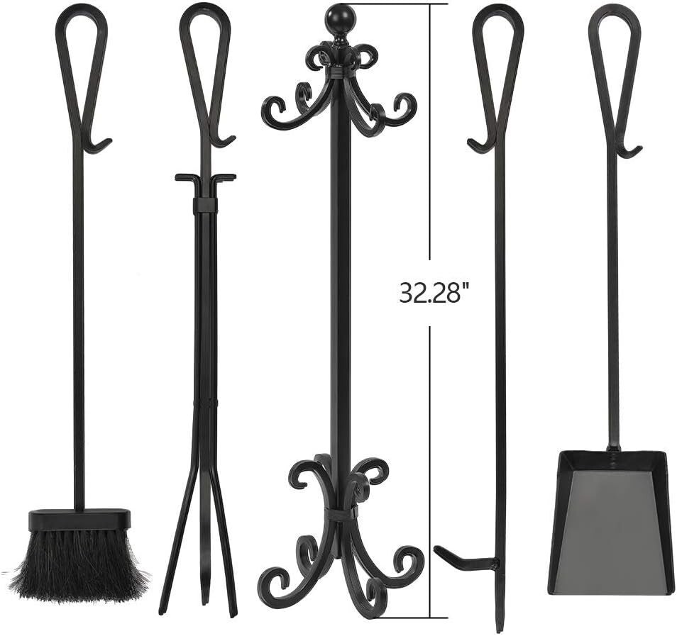 Rustic 5-Piece Fireplace Tool Set with Heavy-Duty Base and Ergonomic Tools
