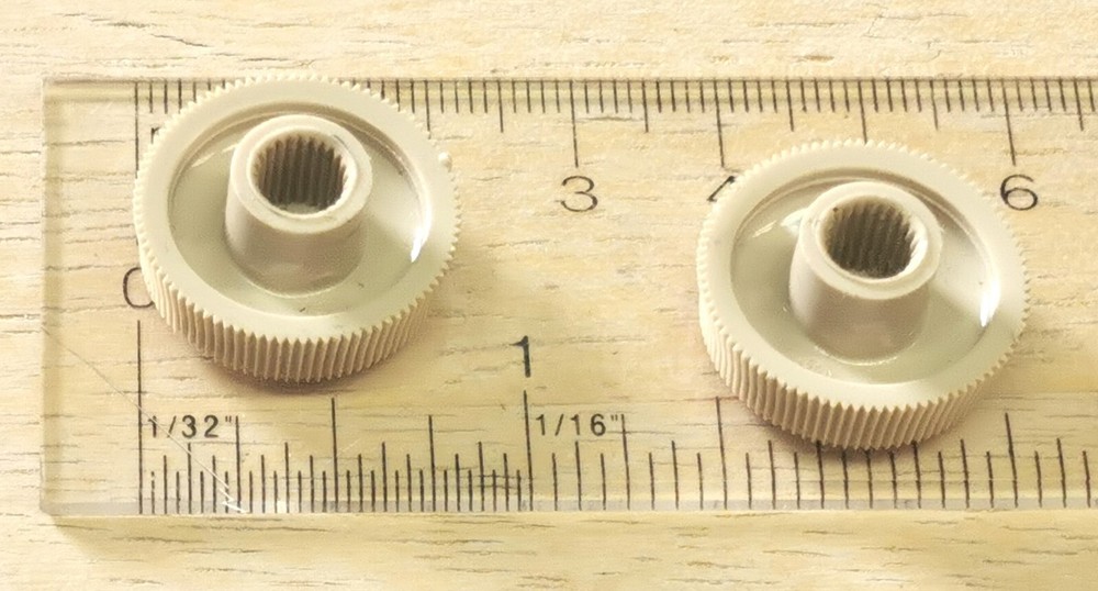Pair Vintage 1960's Ivory Plastic Radio or TV Knobs with Brass Insert Pointer