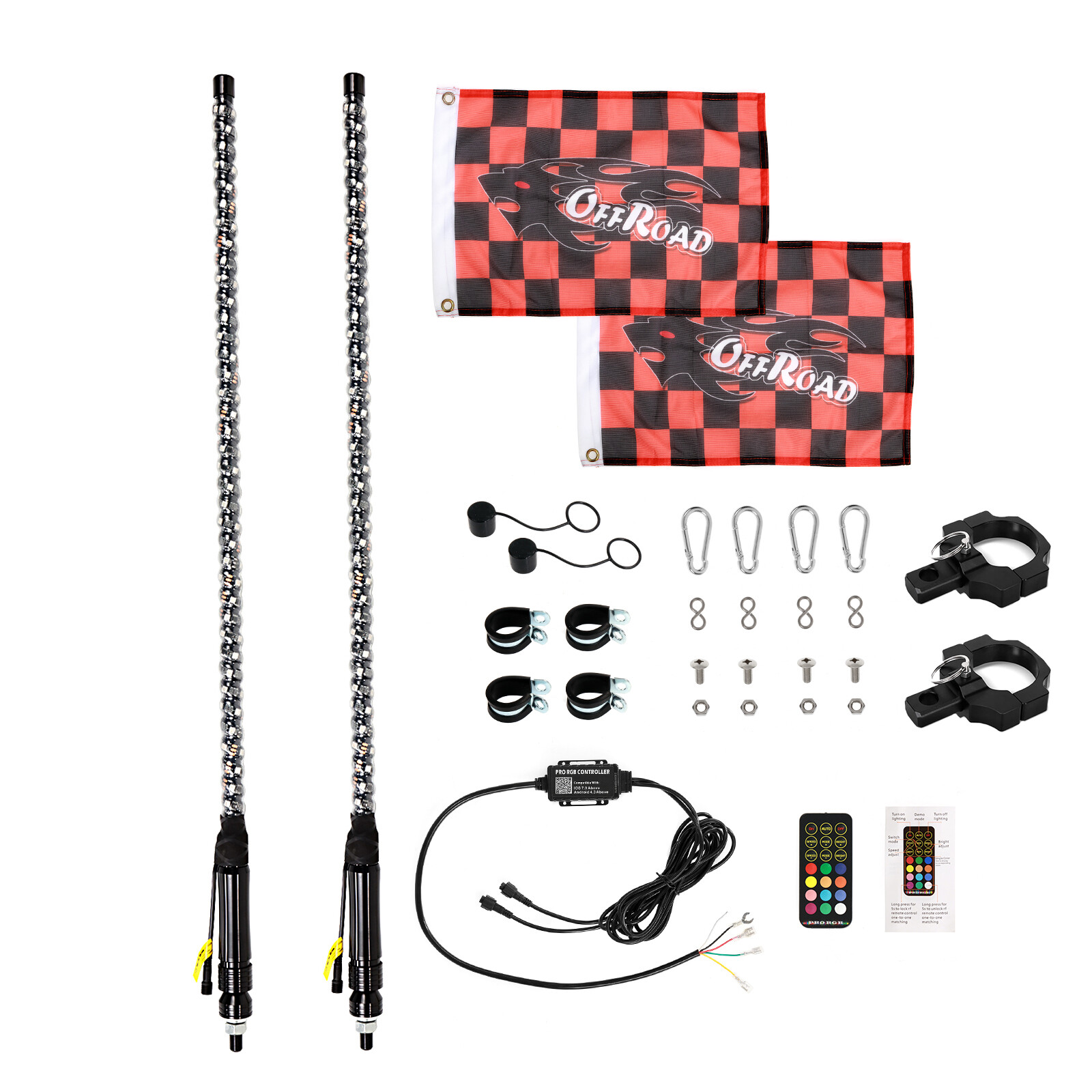 AUXBEAM Pair 3FT Sprial RGB LED Whip Lights+Roll Cage Mount Bracket Off-road UTV