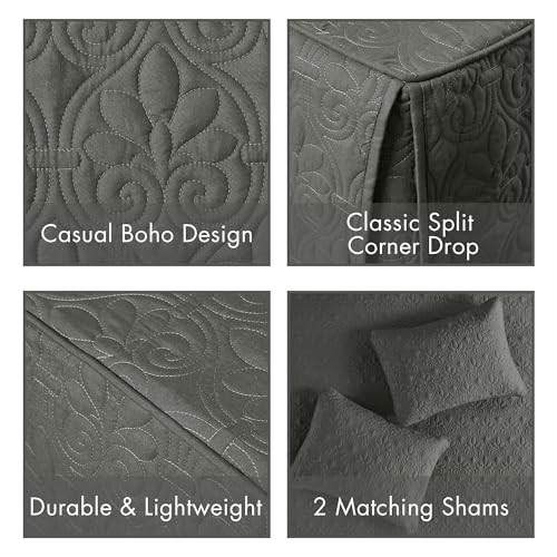 Quebec Split Corner Quilted Bedspread Classic King Dark Grey Fitted Bedspread