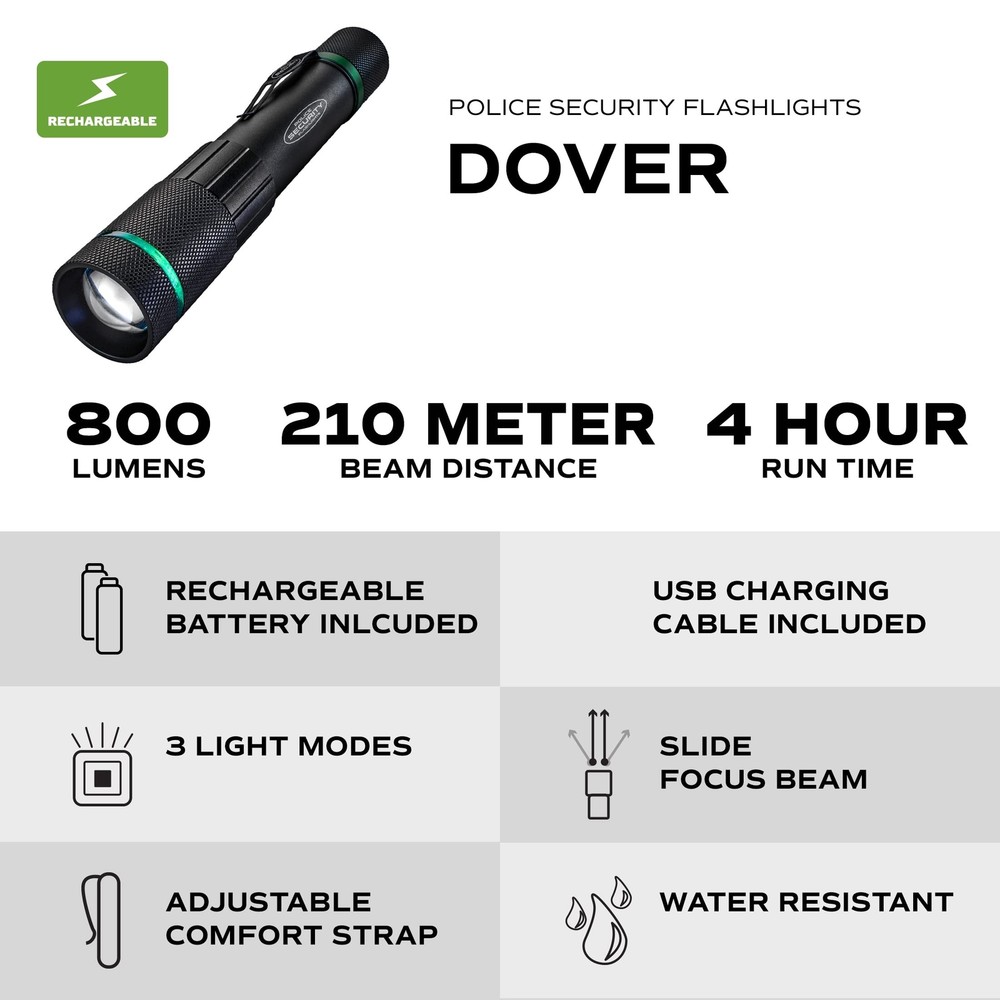 Police Security Dover 1000 Lumen Rechargeable Flashlight – USB Quik Connec