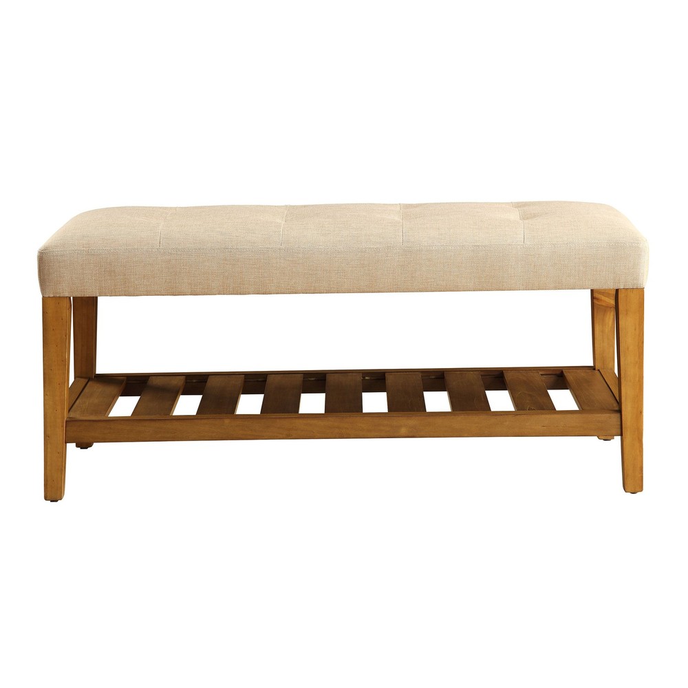 Beige and Oak Tufted Padded Seat Bench
