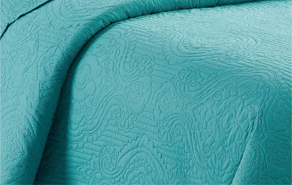 3Pc King/Cal King Bedspread Set Luxury Embossed Solid Turquoise Microfiber