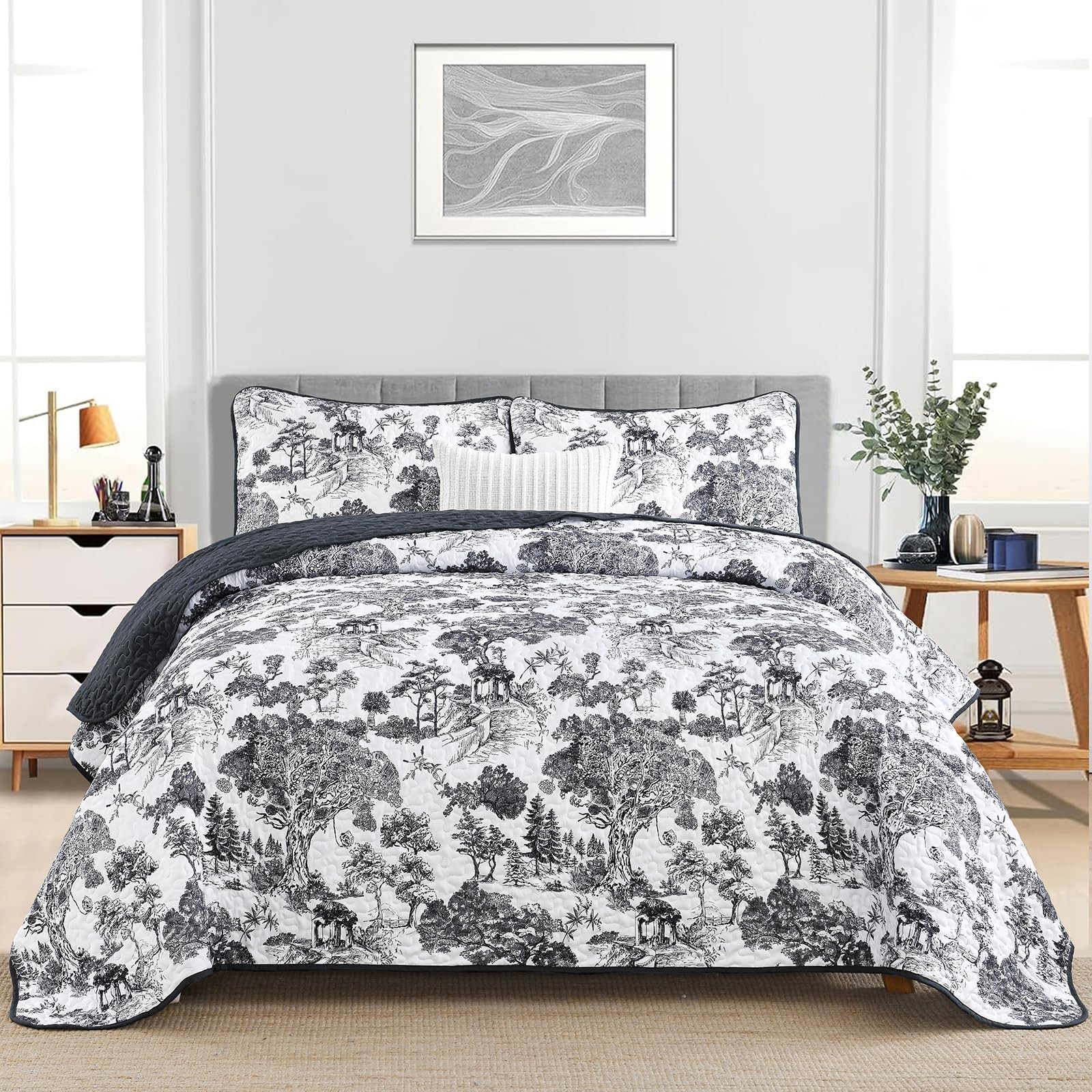 WONGS BEDDING Botanical Quilt Set Full Size, Black 3 Pieces Toile Floral Plants