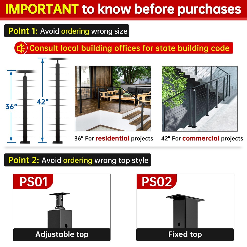 Muzata 4Pack 42"x2"x2" Cable Railing Post for Adjustable Top 25-35 Degrees PS01
