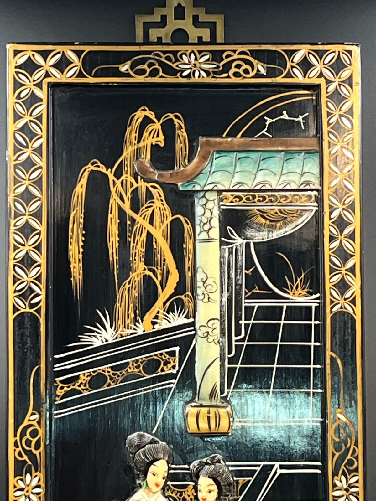 Vintage Chinese Black Lacquer Wall Panel Mother of Pearl Inlay & Stone Art