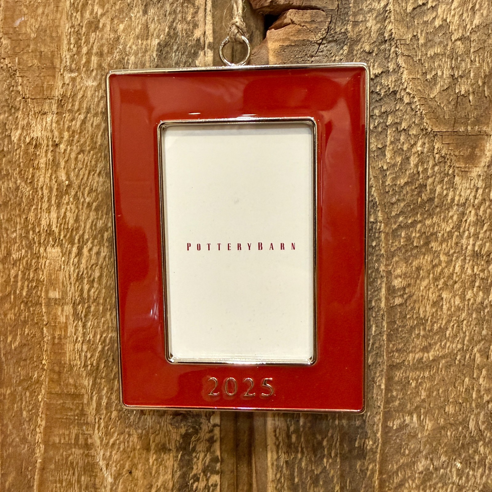 POTTERY BARN 2025 DATED ENAMEL FRAME ORNAMENT RECTANGLE 3 X 4" ~ RED CHRISTMAS