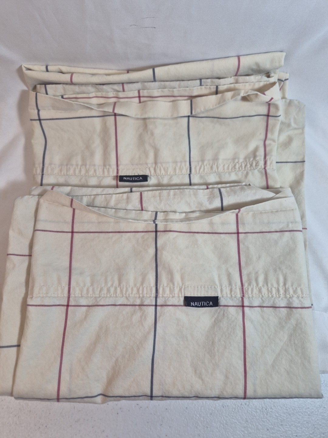 2- VTG Nautica Pillowcases 100% Cotton King & Queen #67468 Cream Grid Navy Check