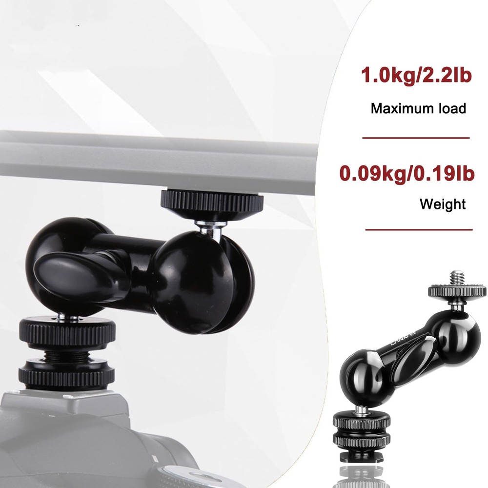 Lanxire Mini Magic Arm Multi-Function Double Ball Head with 1/4" Small, Black