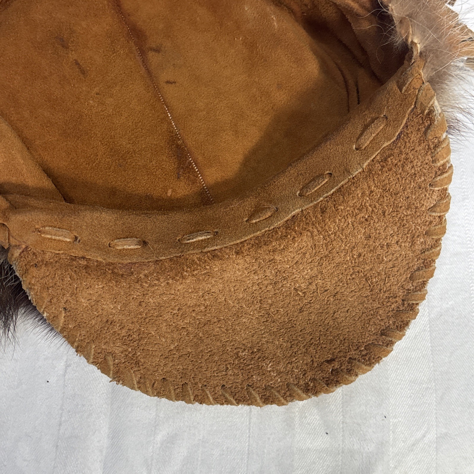 Custom Native American Racoon fur hat with Leather Brim + Beaded Accents Size M