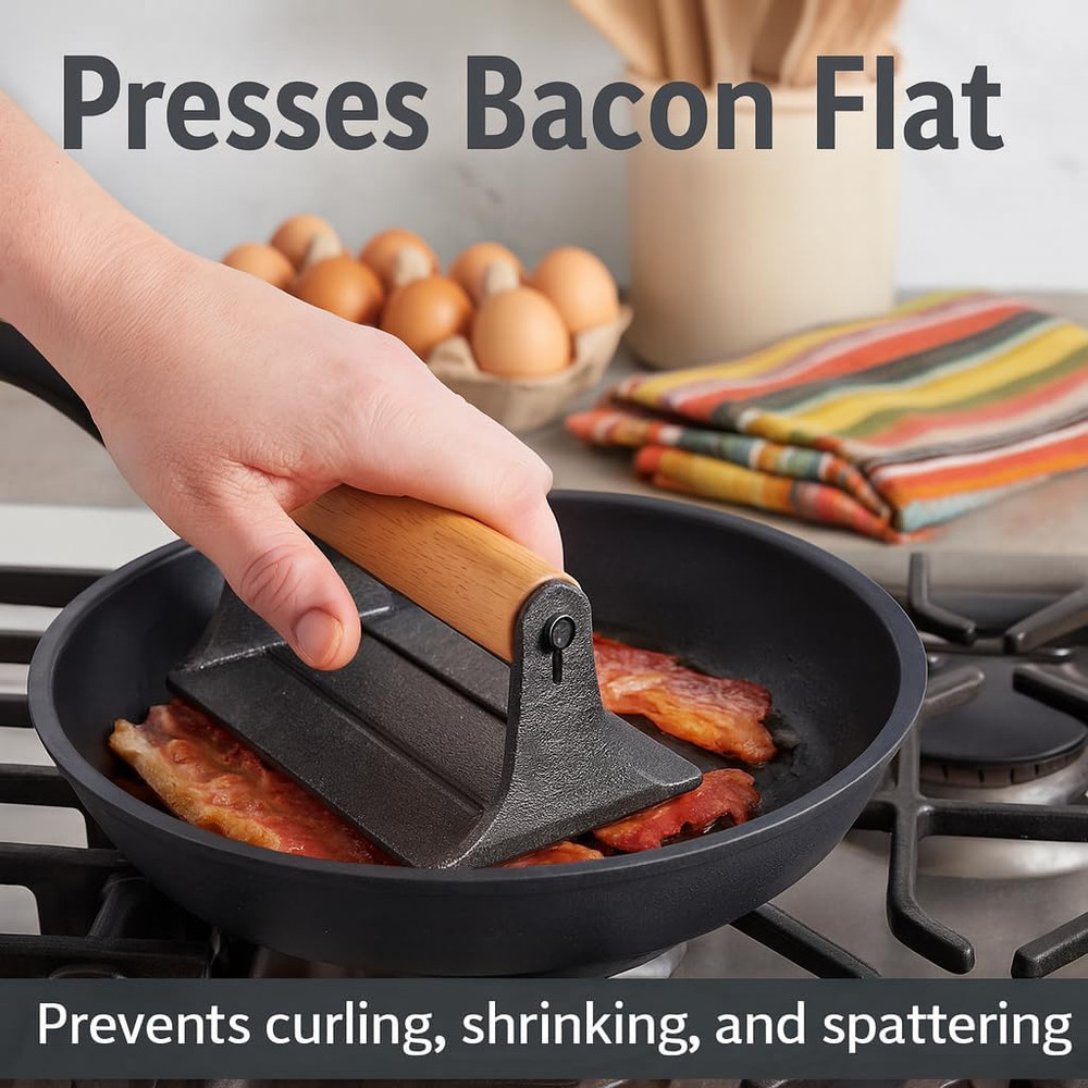 Heavyweight Cast Iron Bacon Press, Rectangular with Wood Handle, Stovetop Use