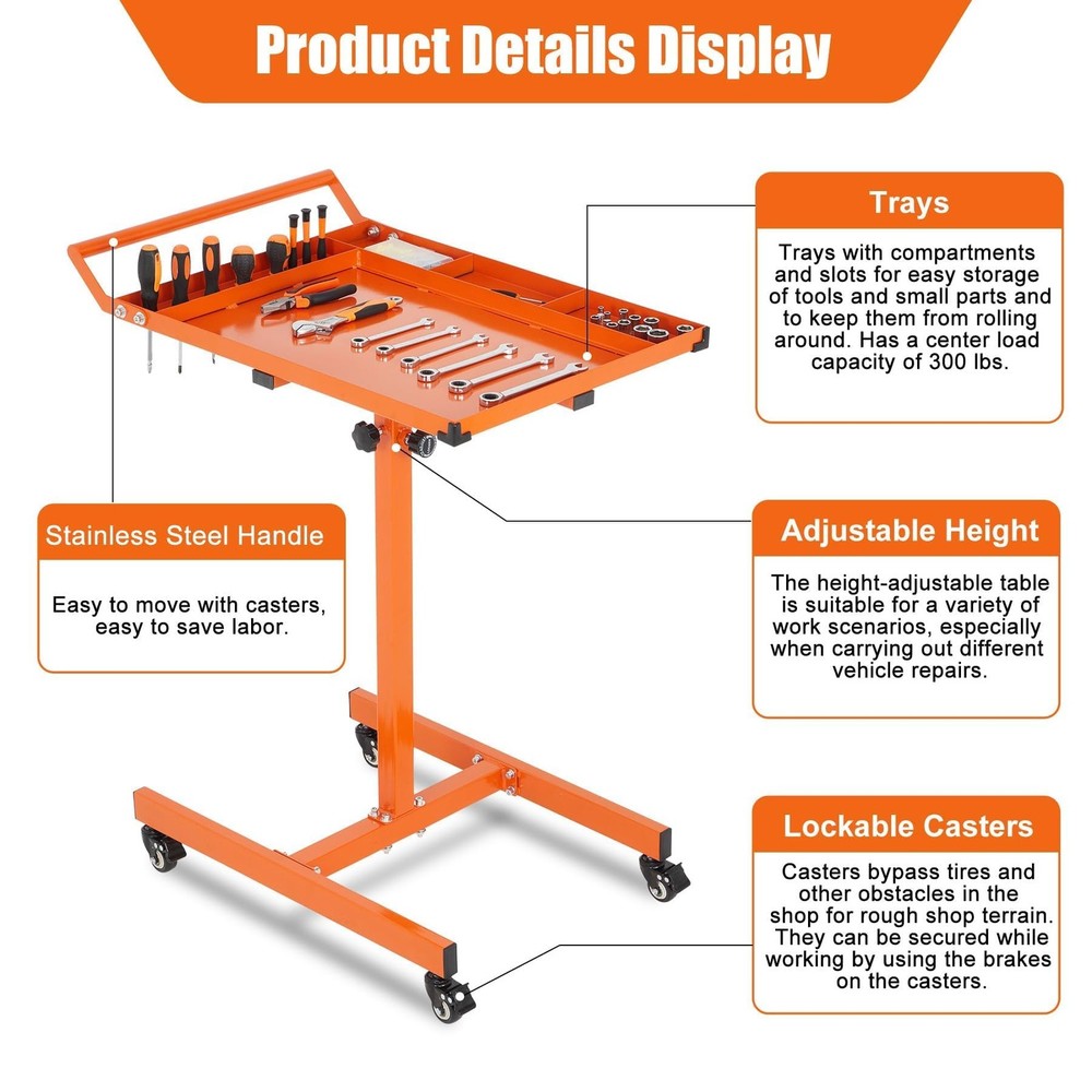 Mobile Work Table 300Lbs Mobile Rolling Tool Table with Wheels Adjustable Height