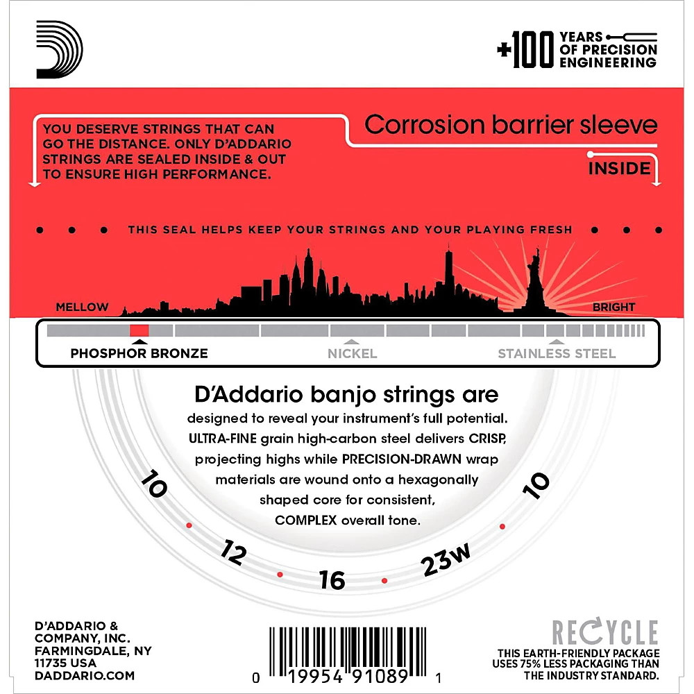 D'Addario EJ55 Phosphor Bronze Medium 5-String Banjo Strings (10-23)