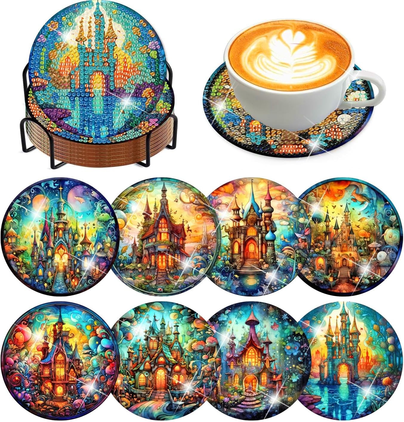 8 Pcs Diamond Art Coasters Kits for 8 4x4in, Castle