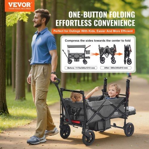 Wagon Stroller for 2 Kids Push Pull Quad Collapsible Stroller with Adjustable