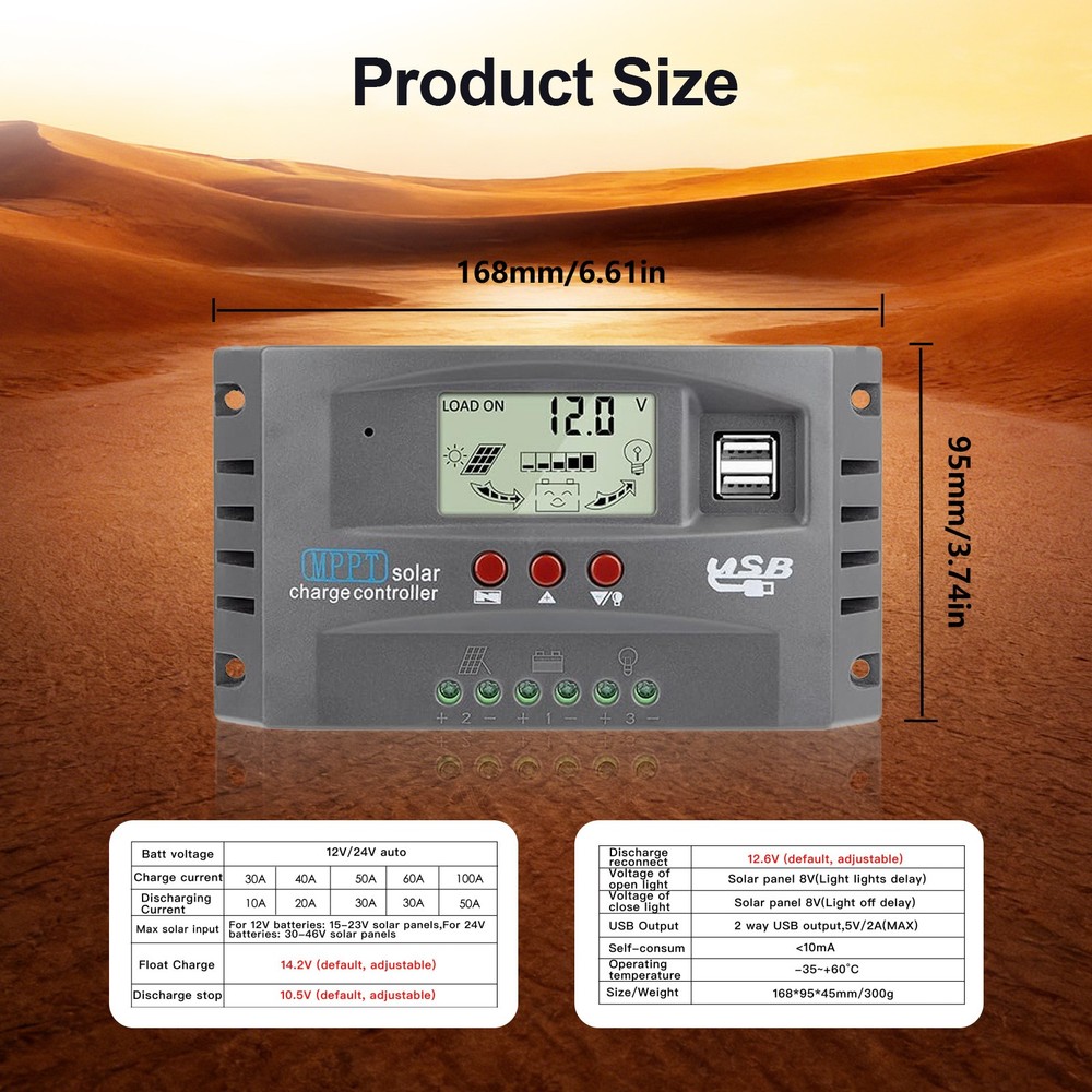 MPPT Solar Charge Controller 100A 12V/24V Auto LCD&USB Intelligent Regulator US