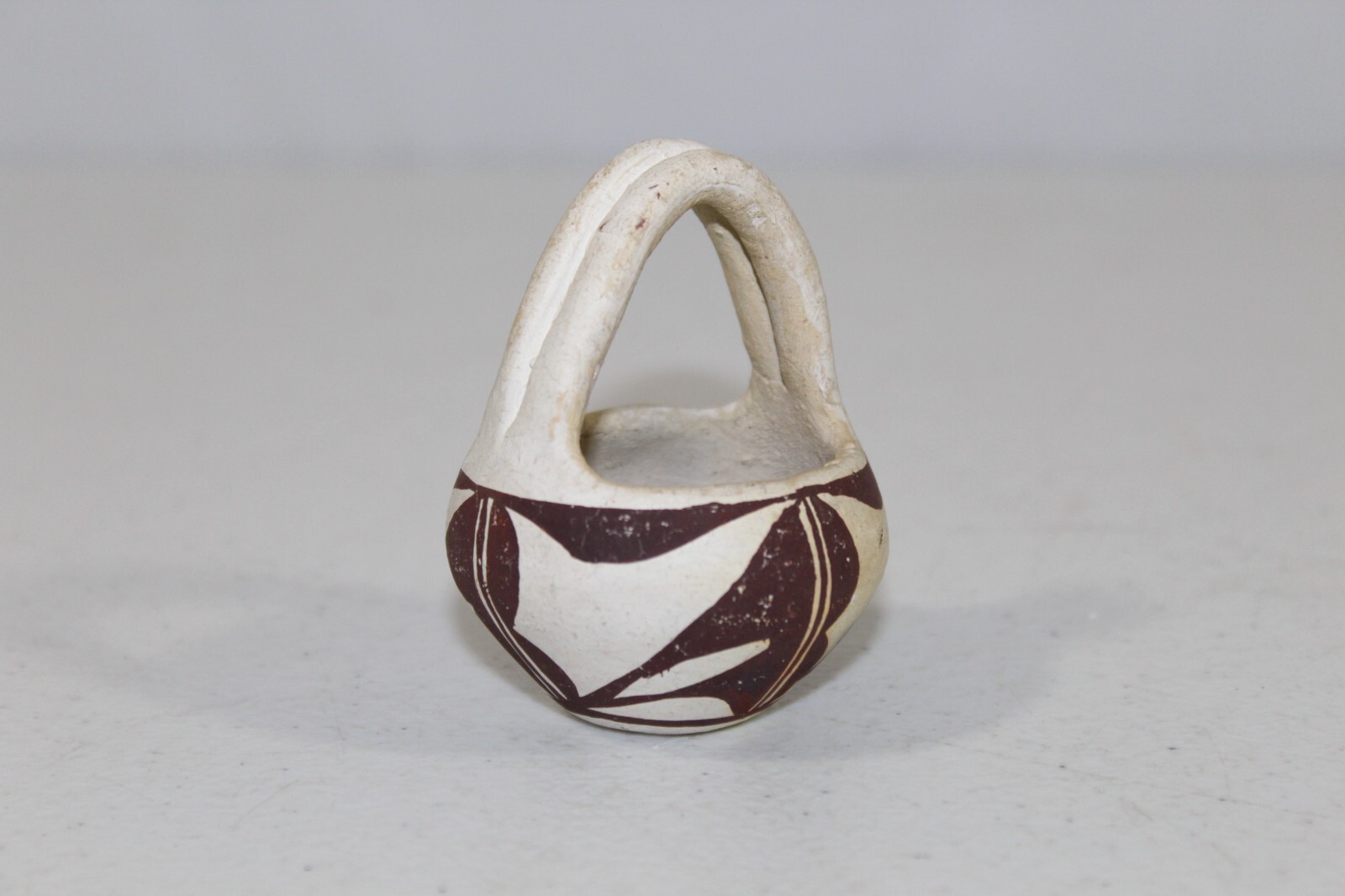 Vintage Acoma Pottery Small Basket Bowl 2.5" Tall Unsigned White & Brown