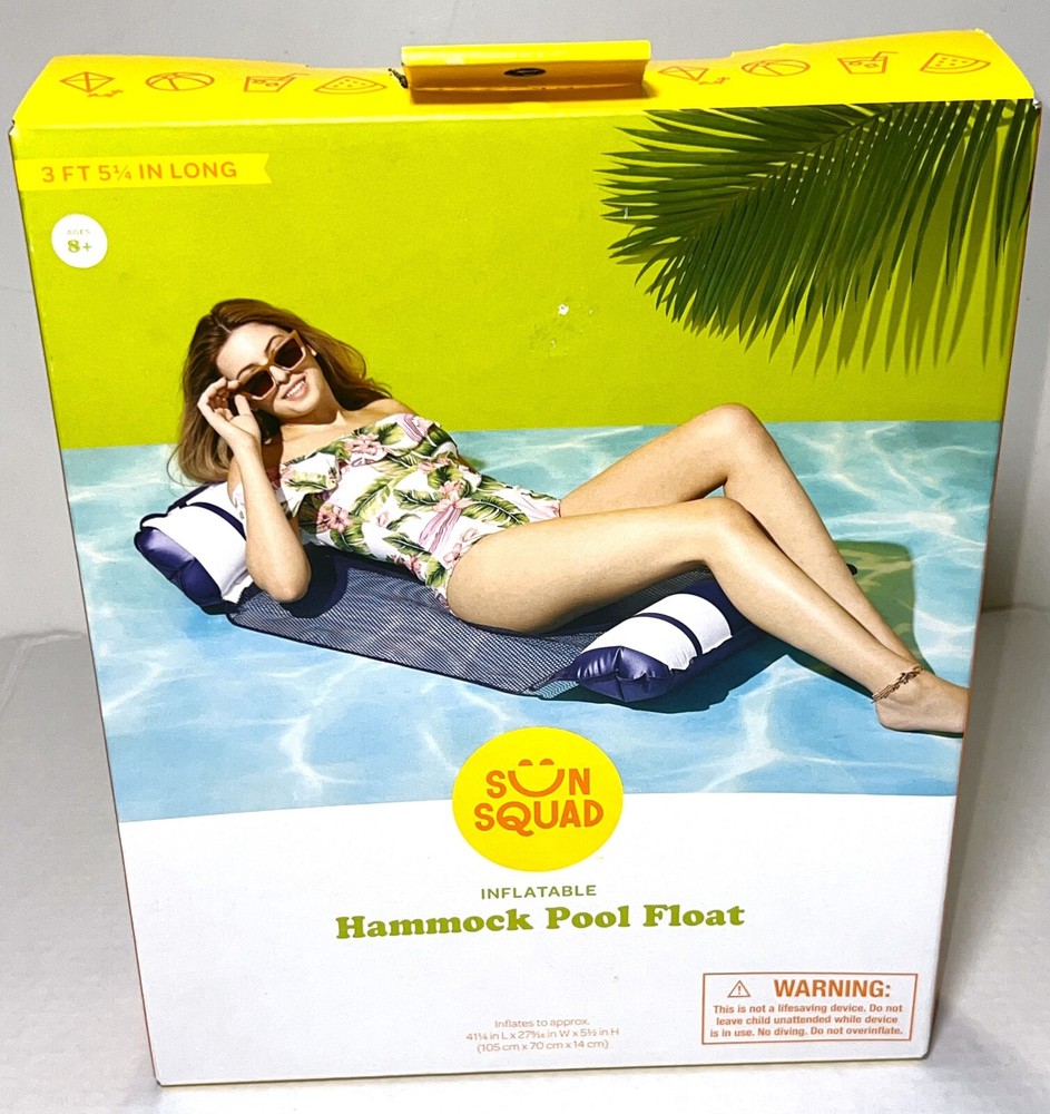 Sun Squad Inflatable Hammock Headrest Pool Float Navy White Over 3ft Long NEW