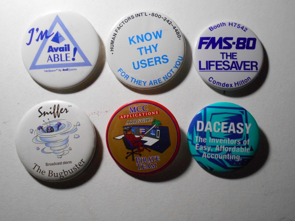 AD0020: Six Computer Hardware/Software Pin-Back Buttons 2" - 2-1/2"