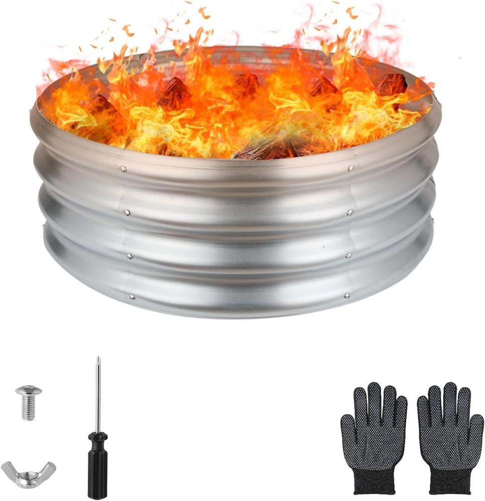 24 Inch Round Galvanized Fire Pit Ring, Silver Round Galvanized Fire Ring, 2 Fee