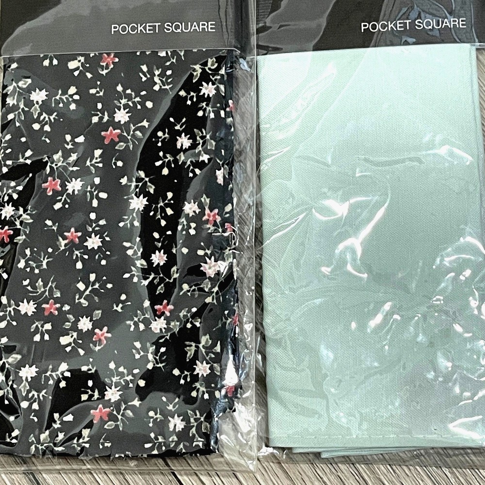 2pc Set 1670 Cotton Pocket Square - Black Mini Floral - Mint Green Solid - $30