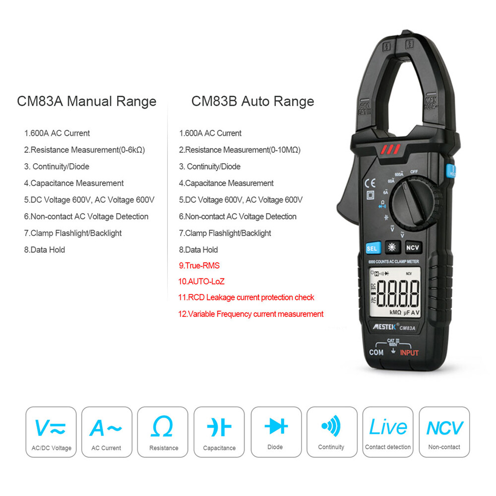 MESTEK Digital Clamp Meter 600A AC Current 600V AC/ Voltage Capacitance D3Q6