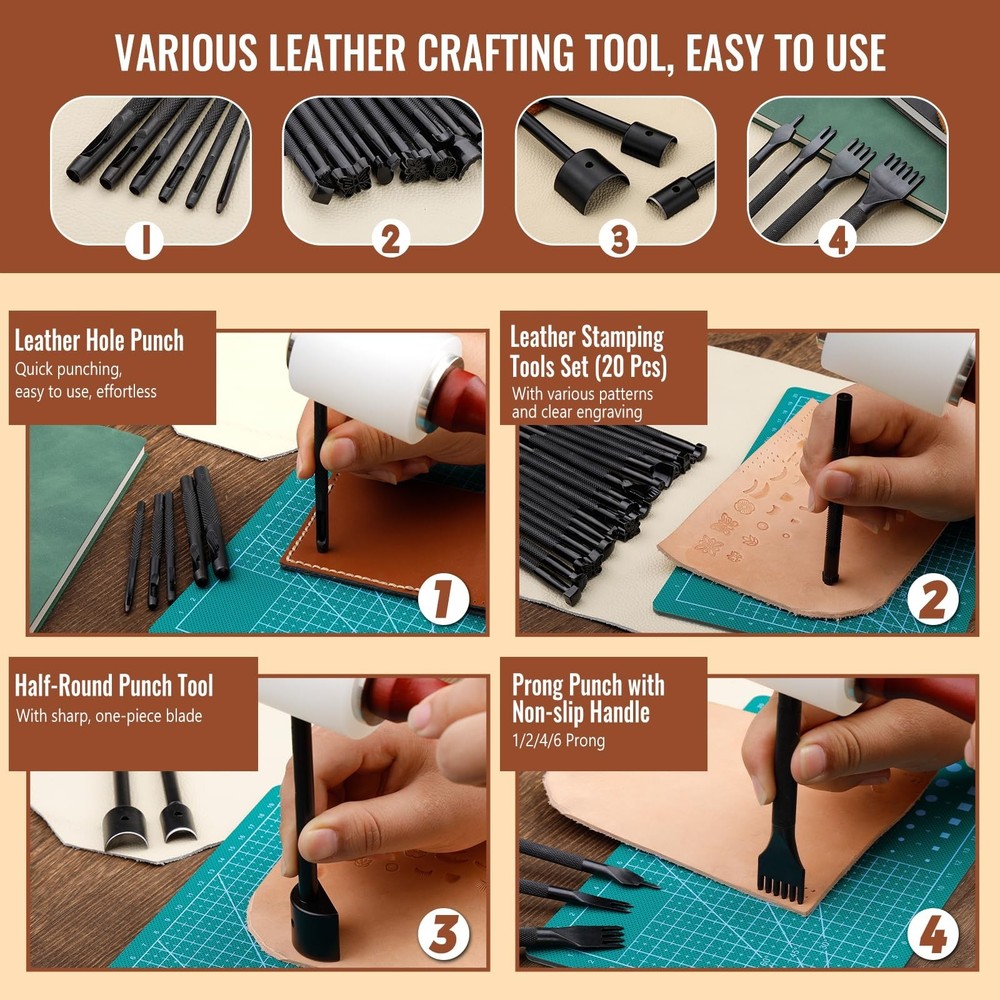 Leather Working Tools Kit, Leather Tooling Kit with Double Layer Storage Box,...