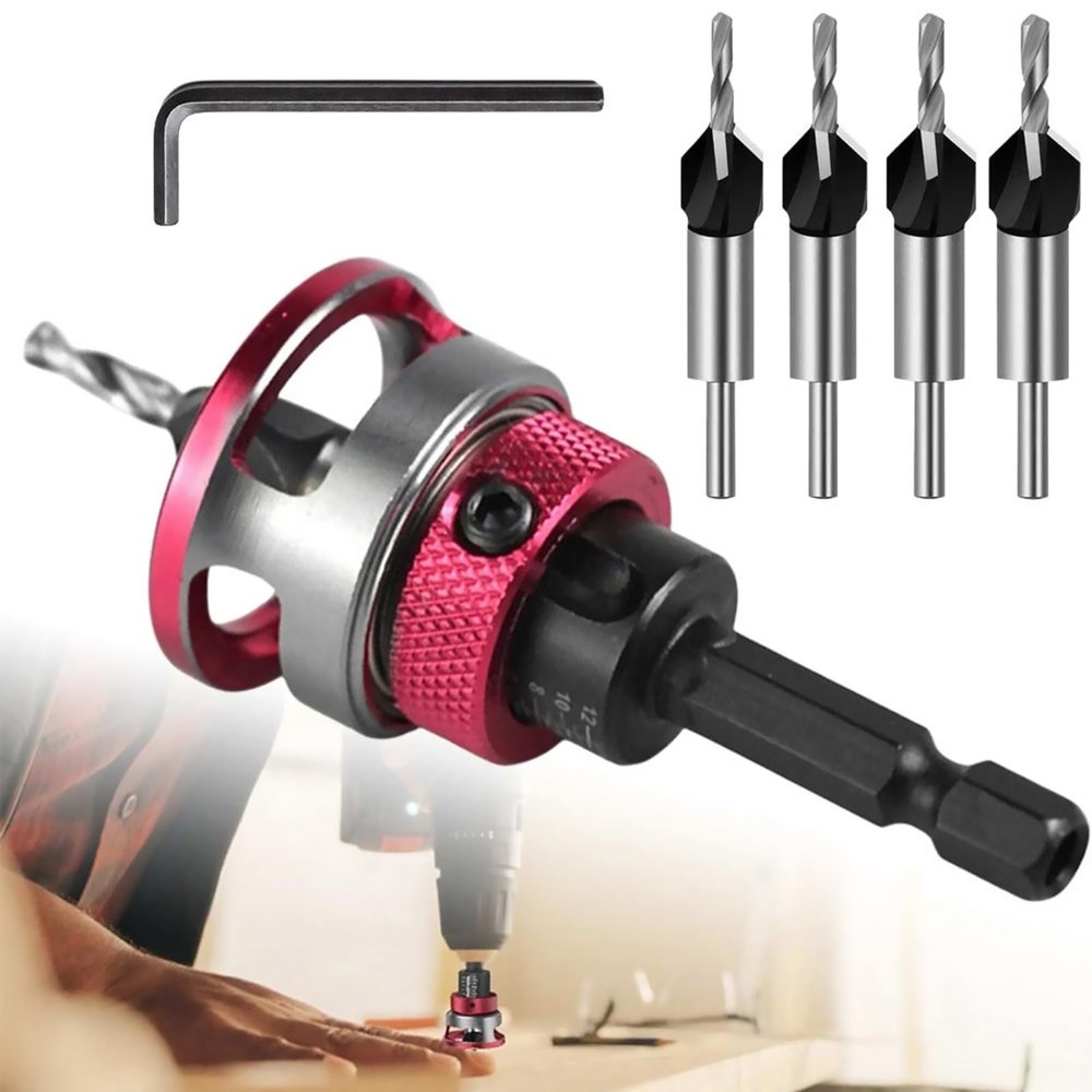 6PCS Woodworking Countersink Drill Bit Set with Adjustable Depth Stop Control