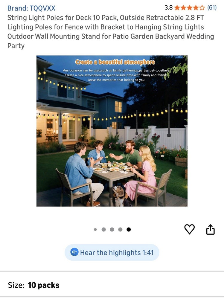 String Light Poles for Deck 10 Pack Outside Retractable 2.8 FT 10 packs