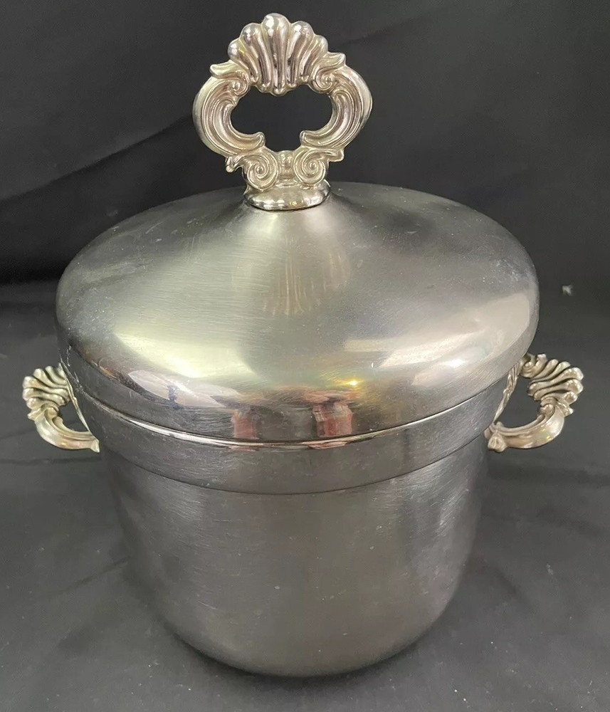 Vintage FB Rogers Silver plate Pewterlite Ice bucket and tongs with glass liner