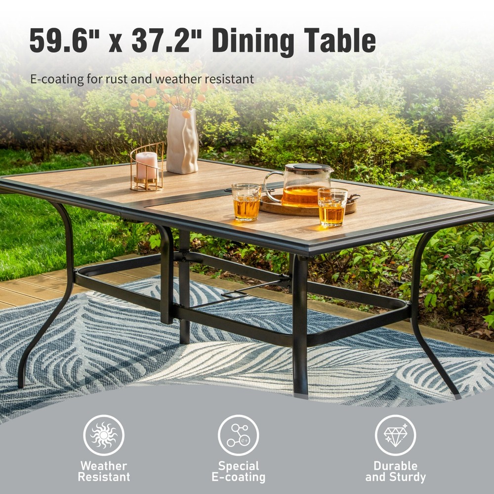 60''Patio Dining Table for 6 Person Outdoor Table with Umbrella Hole Rectangular