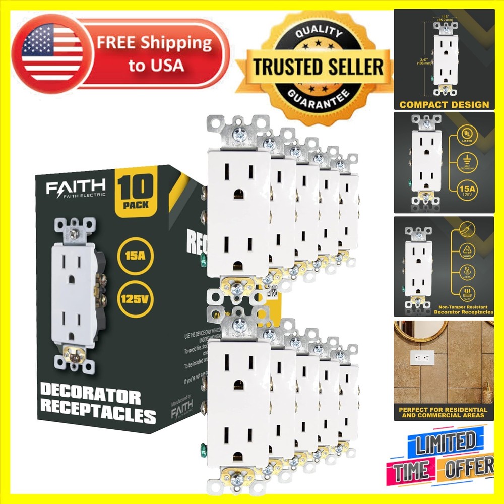 Upgrade Your Space: 10-Pack 15A White Decorator Electrical Outlets -  Listed