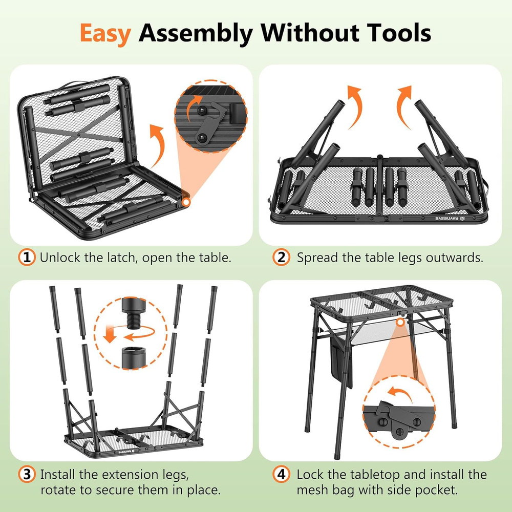 Folding Grill Table for Outside, 3 Height Adjustable Small Camping Table with Me