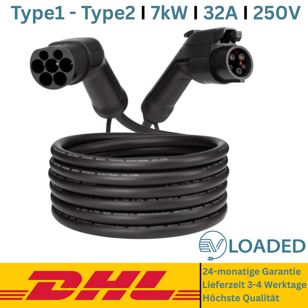 Type 1 - Type 2 Charging Cable, 5m Long, 7kW, 1 Phase