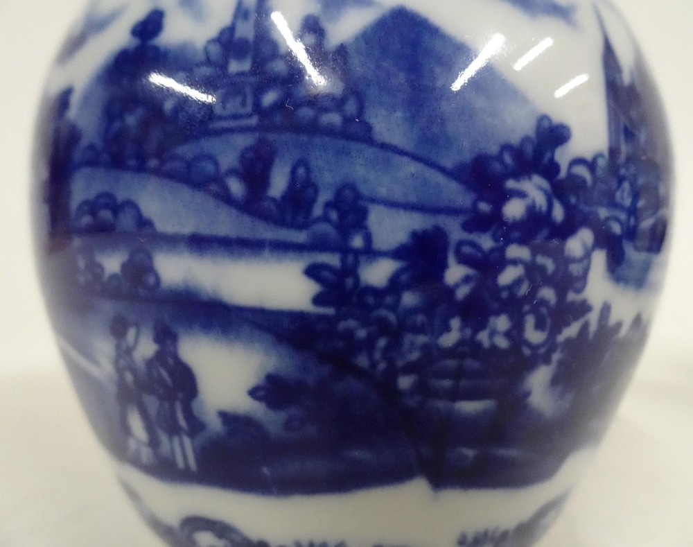 Pair Matching Ceramic Pitcher Creamers w Blue Castle Pattern