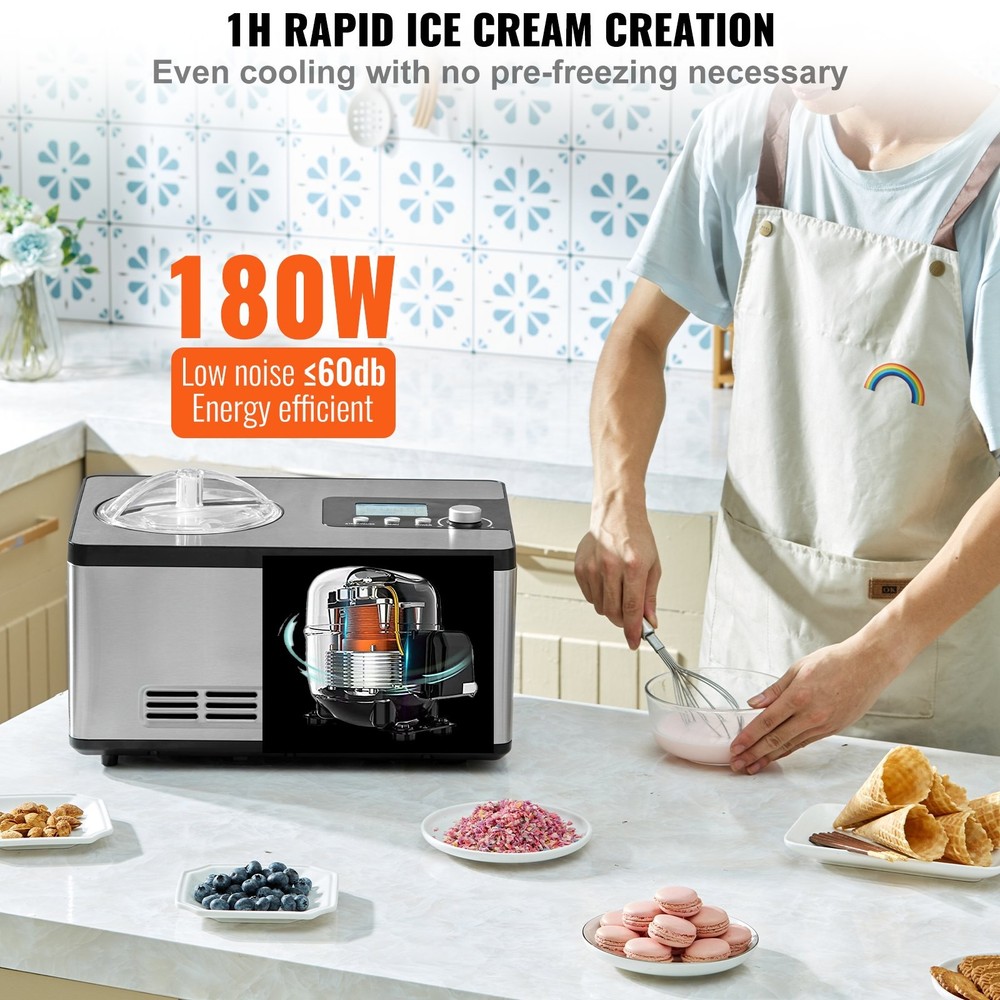 [New]Automatic Ice Cream Maker w/Built-in Compressor,2 Quart No Pre-freezing Fru