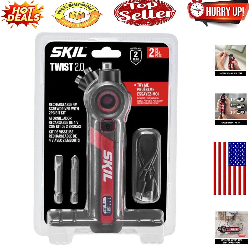 Twist 2.0 4V Rechargeable Screwdriver: Compact Power with Pivoting Head & LED...