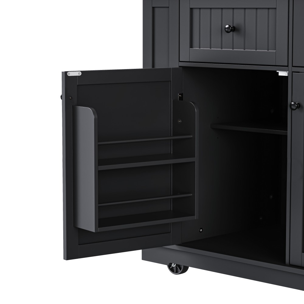 Large Kitchen Island Cart with Drop Leaf, Charging Station & 2 Stools, Black